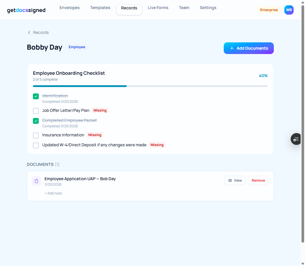 Employee records folder with compliance checklist